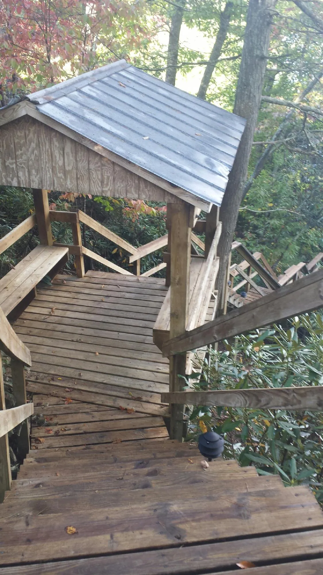 Metal roofed shelter over wooden steps on a wooded walkway — Skylight Repair & Installation work by our crew in Niles